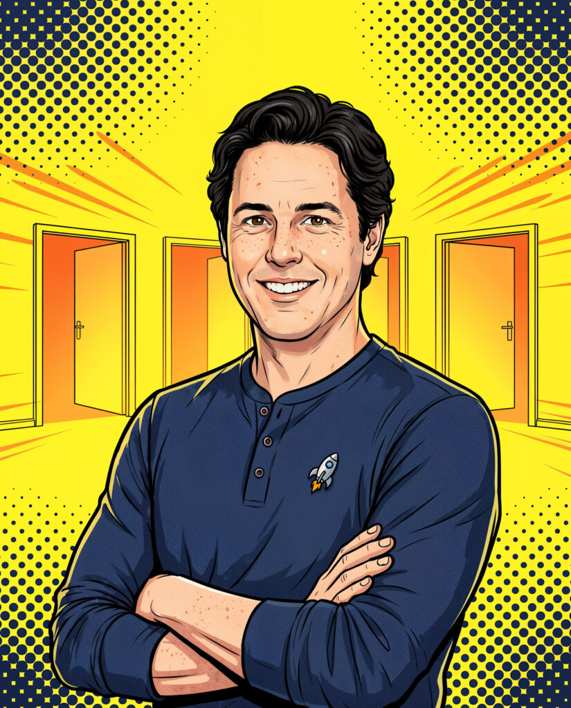 Jean-Simon Labrosse, fondateur de Wep.world, dessiné en bande dessinée, bras croisés et souriant devant trois portes ouvertes sur fond jaune
