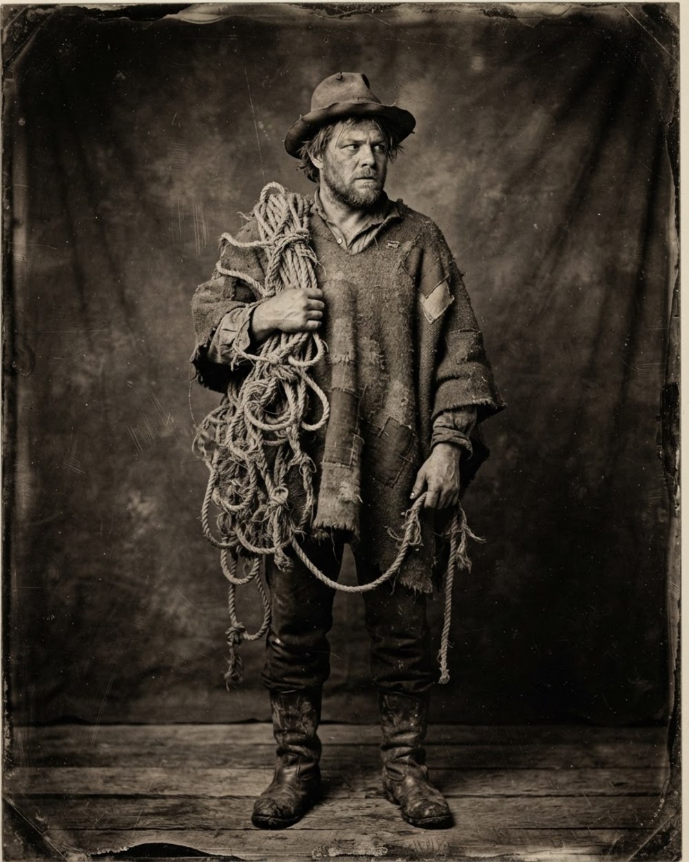 Portrait d’époque de Bob l’embrouille, chapeau de travers et cordes emmêlées sur l’épaule