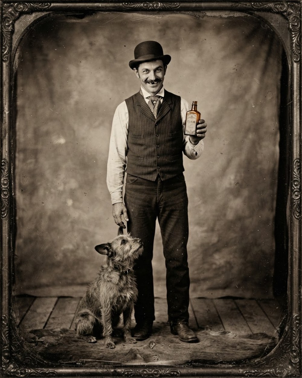 Portrait d’époque de Jack l’arnaque, moustache cirée et chapeau melon, avec son chien gris