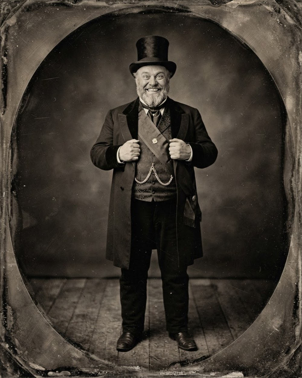 Portrait d’époque du maire Durelor, haut-de-forme, chaîne de montre en or et sourire trop large