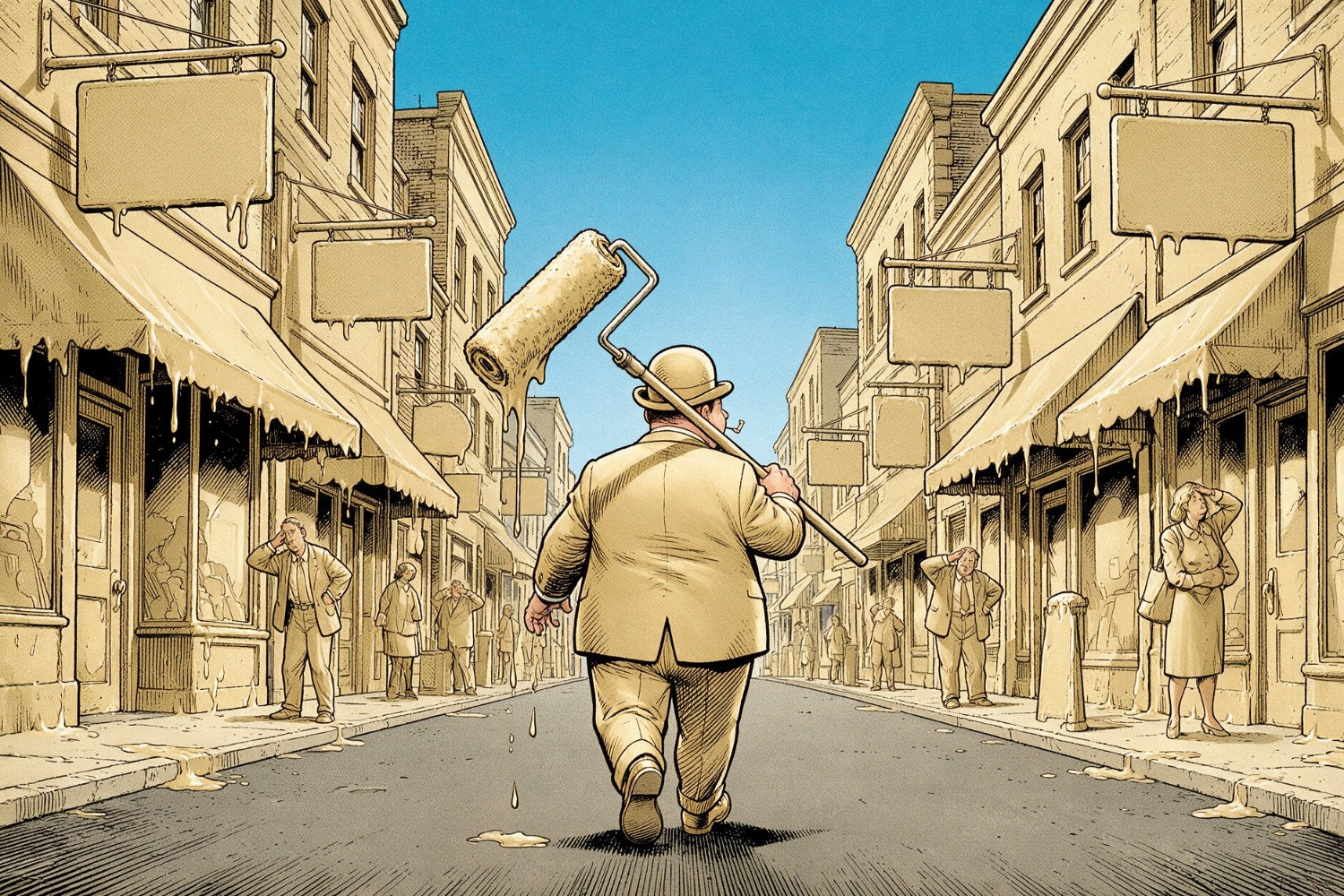 Monsieur Toulmonde s’éloigne avec son rouleau à peinture sur une rue Principale devenue entièrement beige, où les clients tournent en rond.