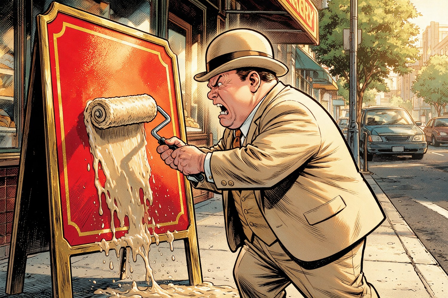 Monsieur Toulmonde, furieux, passe son rouleau sur une enseigne colorée, mais la peinture beige coule sans tenir.