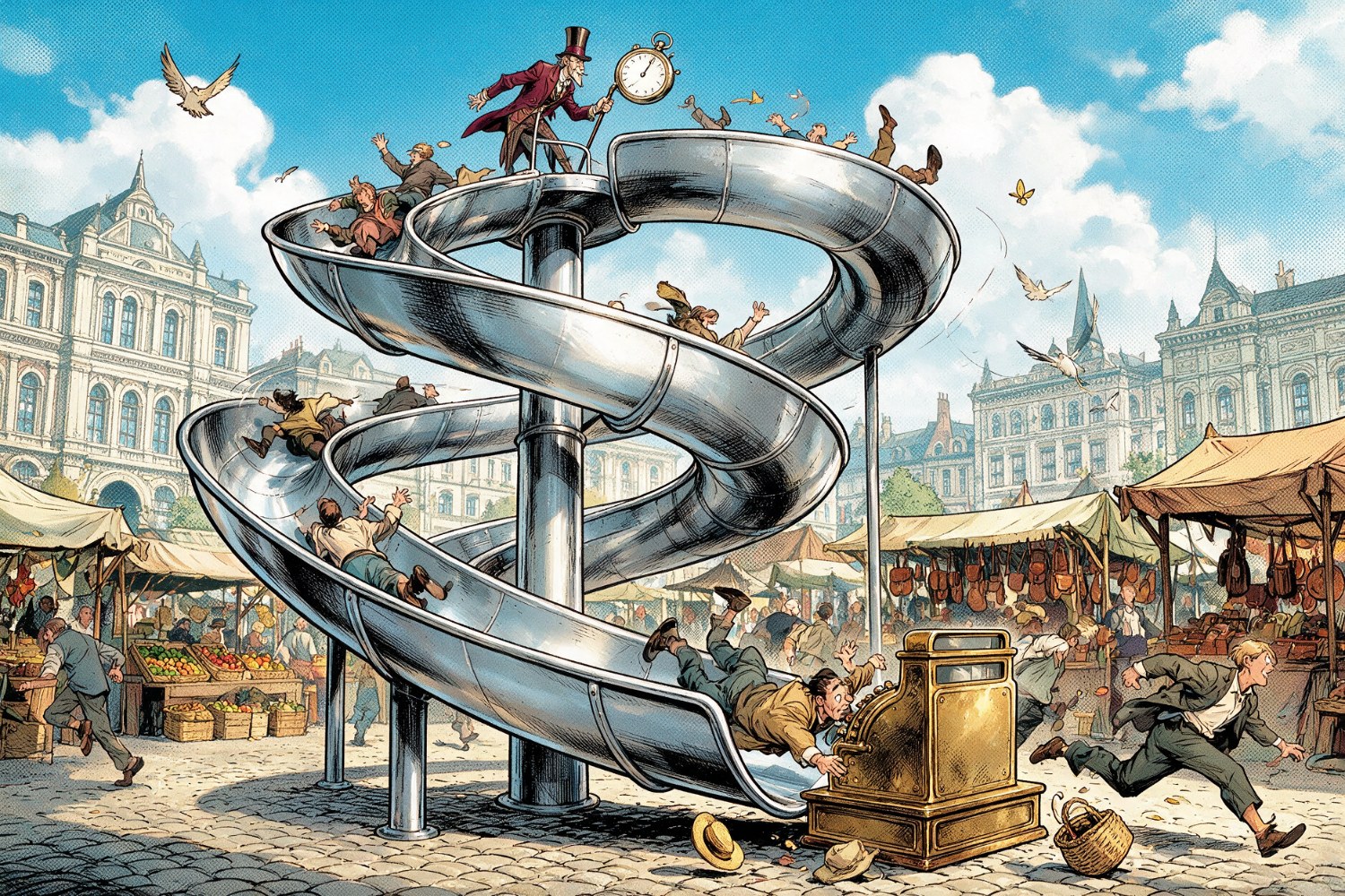 Le Comte à Rebours pousse des passants dans une glissade géante qui les envoie directement sur une caisse enregistreuse, au milieu de la place du Marché.