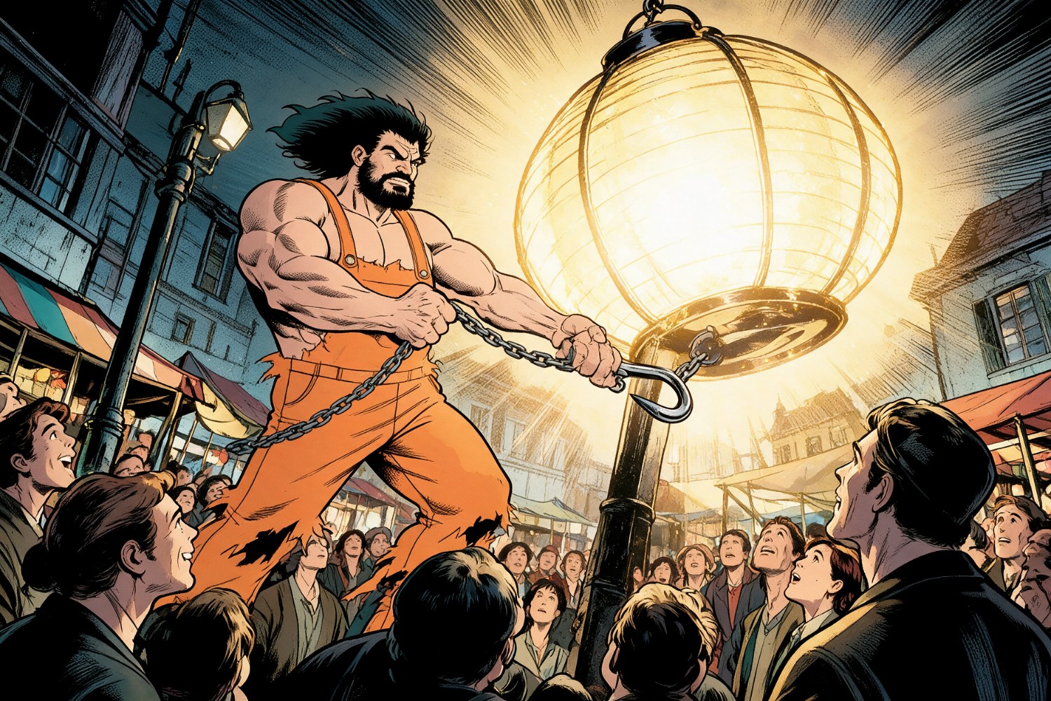 L’Incroyable Hook fait sa première apparition et hisse une lanterne géante au-dessus de la foule avec son hameçon et sa chaîne.