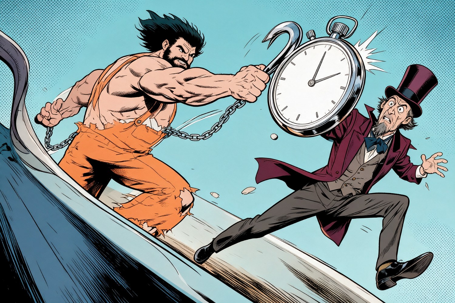 L’Incroyable Hook arrache avec son hameçon le chronomètre géant des mains du Comte à Rebours, qui recule, stupéfait.