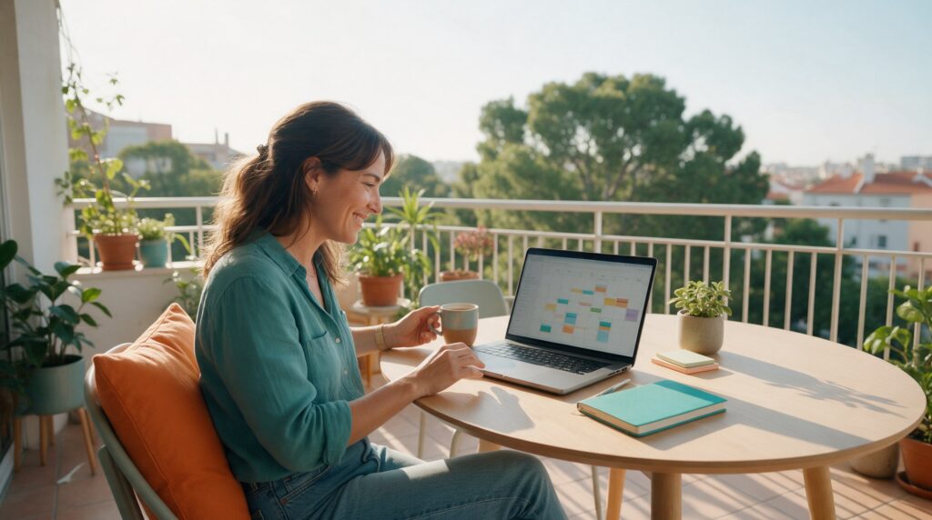 Une travailleuse autonome détendue prend un café au soleil pendant que son portable ouvert remplit son agenda tout seul.