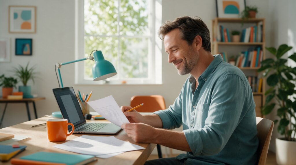 Un travailleur autonome détendu relit un brouillon imprimé, crayon à la main, à côté de son portable ouvert dans un bureau ensoleillé.
