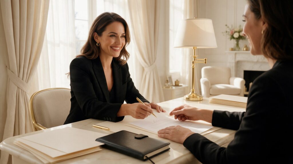 Une travailleuse autonome souriante regarde un client satisfait signer le renouvellement de son entente avec un stylo doré, dans un bureau lumineux.