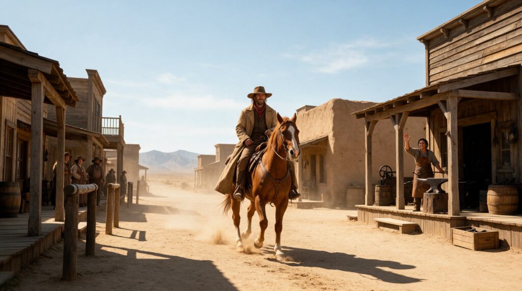 Un cowboy au cache-poussière couleur sable entre en ville sur son cheval alezan, en plein soleil, salué par une forgeronne souriante.