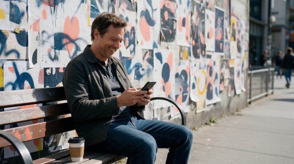 Un homme assis sur un banc devant un mur d’affiches colorées lit un message sur son cellulaire en souriant, un café à côté de lui.