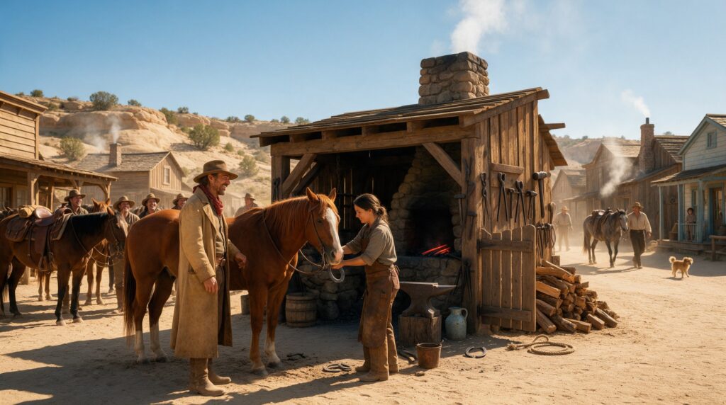 Un cowboy regarde en souriant une forgeronne ferrer son cheval alezan devant sa forge, en plein jour, pendant que d’autres clients attendent.