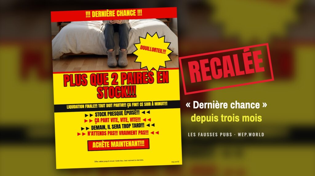 La fausse pub de Douillorteil, estampillée « Recalée » : la fausse urgence.