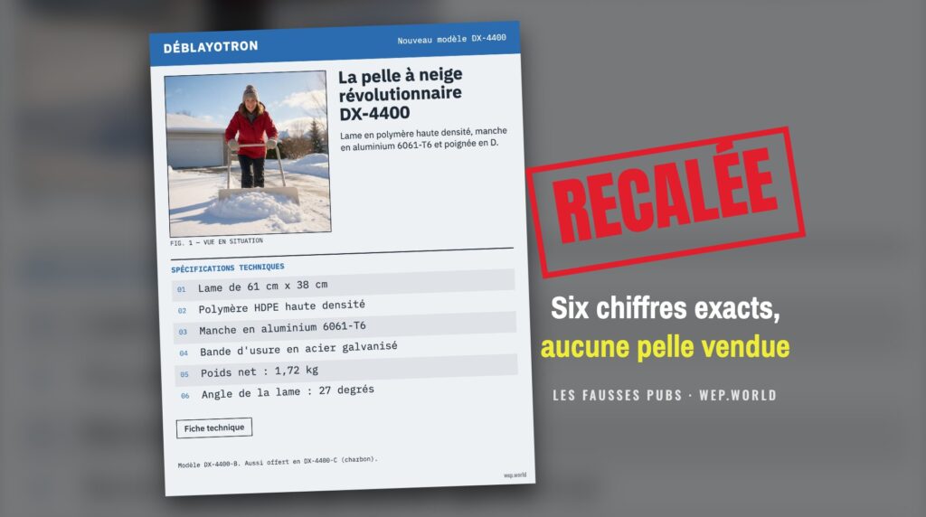 La fausse pub de Déblayotron, estampillée « Recalée » : la liste de caractéristiques.