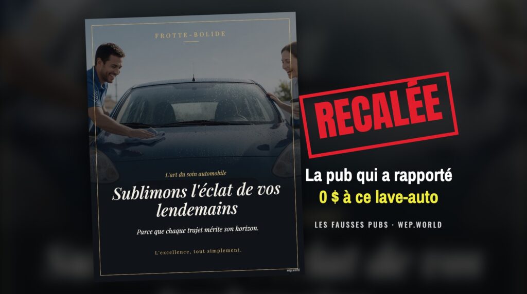 La fausse pub de Frotte-Bolide, estampillée « Recalée » : le slogan creux.