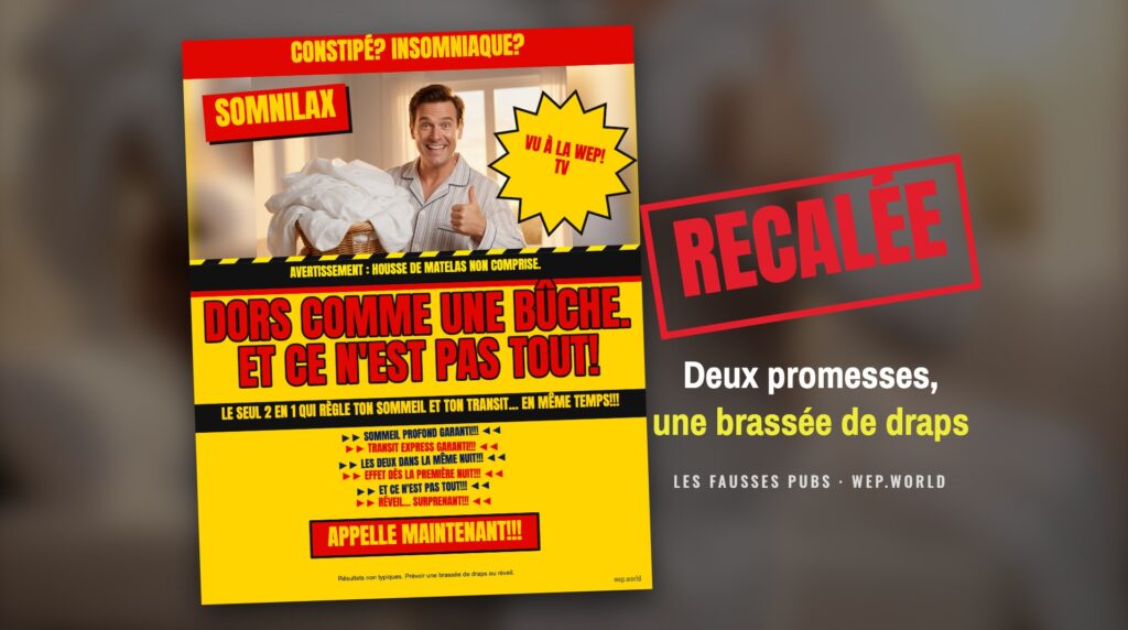 La fausse pub de Somnilax, estampillée « Recalée » : deux promesses à la fois.