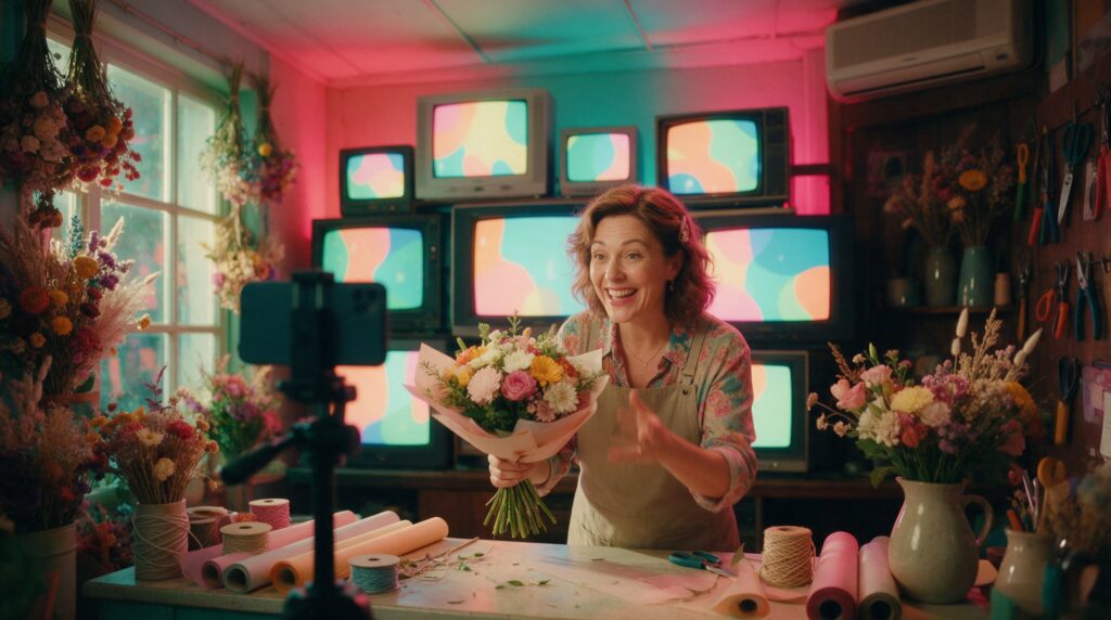 Une fleuriste joyeuse présente un bouquet à son cellulaire sur trépied comme une animatrice, devant un mur de téléviseurs cathodiques colorés.