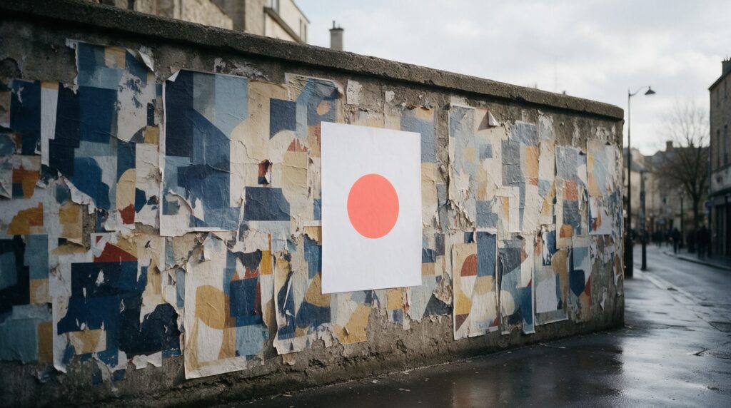 Un passant arrêté devant une affiche toute simple, un cercle corail, sur un mur de béton couvert d’affiches