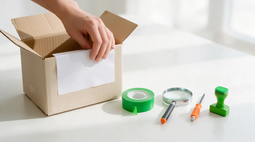 Un colis ouvert sur une table blanche, à côté d’outils bien alignés