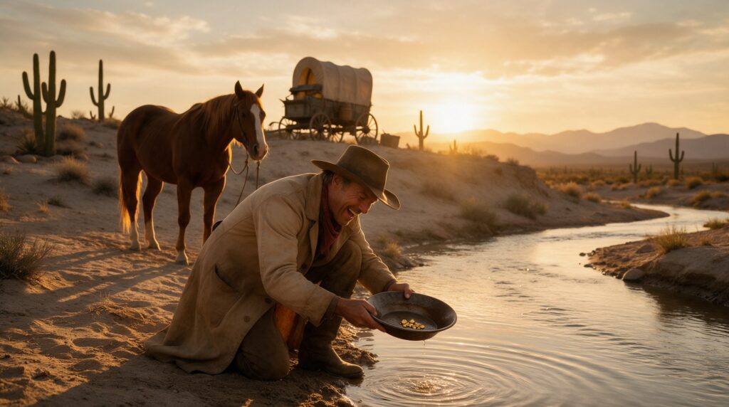 Le cowboy lève sa première batée où brillent quelques pépites, devant son cheval, une charrette et des cactus