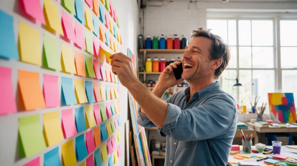 Dans un atelier lumineux, un entrepreneur content décolle une note autocollante du mur après avoir terminé un appel.