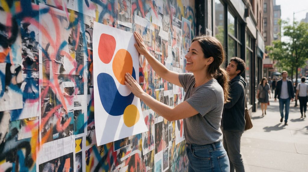 Une entrepreneure souriante colle une affiche aux formes nettes sur un mur urbain coloré pendant qu’un passant se retourne pour la regarder.