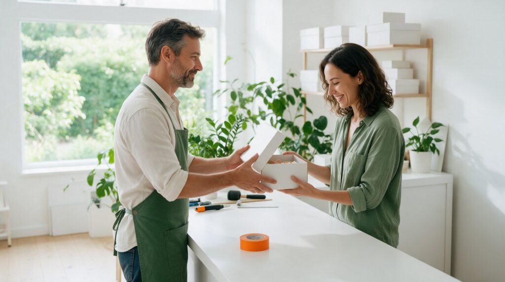 Un artisan confiant remet une boîte ouverte à une cliente souriante qui regarde ce qu’elle contient, dans un atelier lumineux.