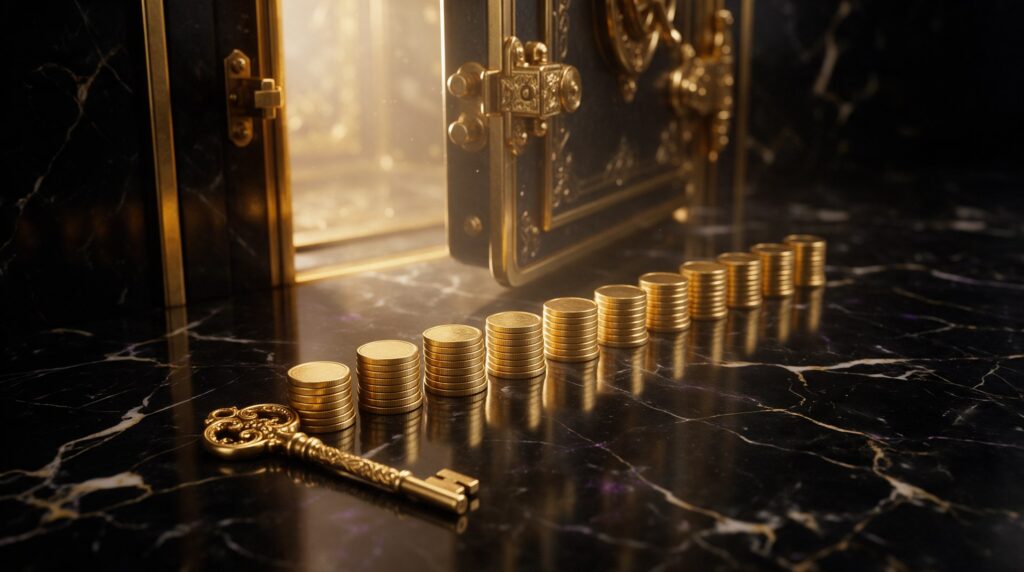 Des piles de pièces d’or alignées sur du marbre noir, une clé dorée au premier plan, devant un coffre-fort entrouvert