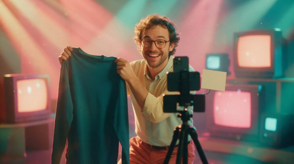 Un photographe souriant se filme avec son cellulaire sur trépied en montrant une chemise unie, dans un studio de télé coloré des années 90.