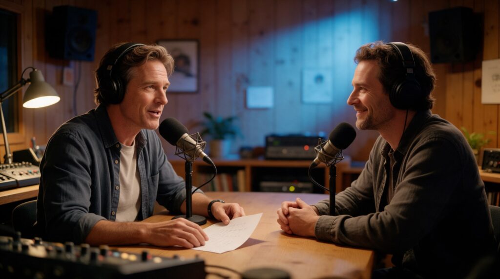 Un animateur détendu parle au micro, la main posée sur sa feuille de route, pendant que son invitée l’écoute en souriant dans un studio de radio.