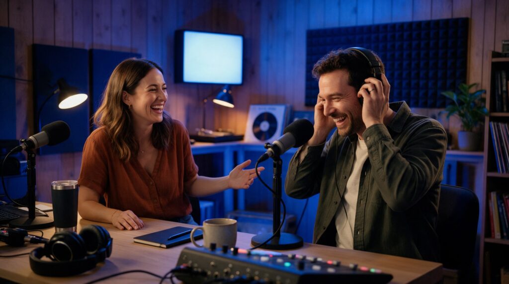 Dans un petit studio de radio en bois, une animatrice accueille un invité ravi qui ajuste ses écouteurs devant le micro.