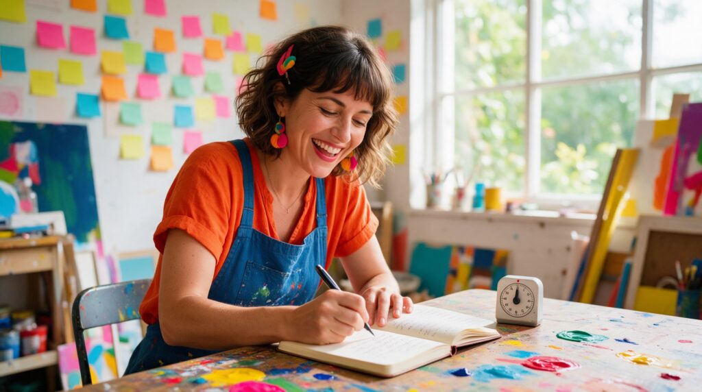 Dans un atelier coloré, une entrepreneure souriante écrit rapidement dans un cahier à côté d’un minuteur de cuisine.