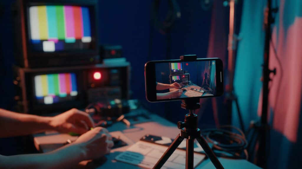 Un téléphone sur trépied filme deux mains au travail dans un coin de studio de télé des années 90