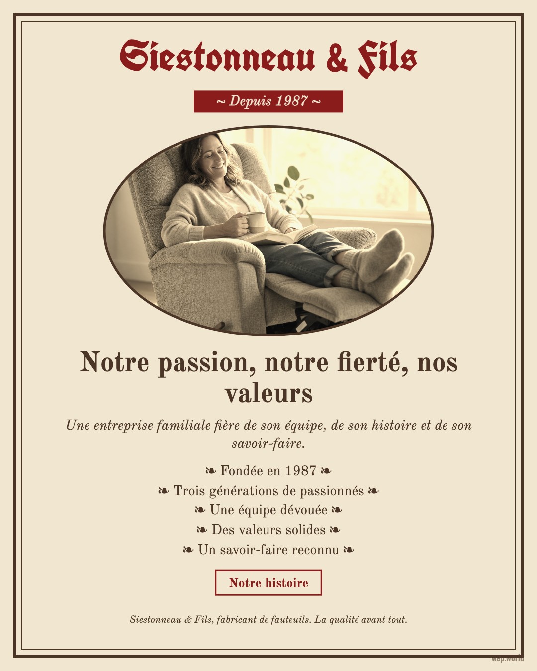 Publicité fictive de Siestonneau & Fils (marque inventée) qui rate sa cible : la pub nombriliste. Une femme détendue dans un fauteuil inclinable, les pieds relevés, un livre sur les genoux, dans un salon baigné de soleil.