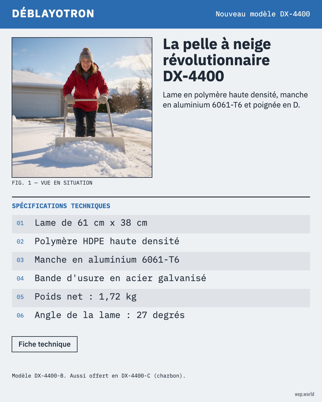 Publicité fictive de Déblayotron (marque inventée) qui rate sa cible : la liste de caractéristiques. Une femme souriante en manteau rouge pousse la neige de son entrée avec une pelle large, par un matin ensoleillé.
