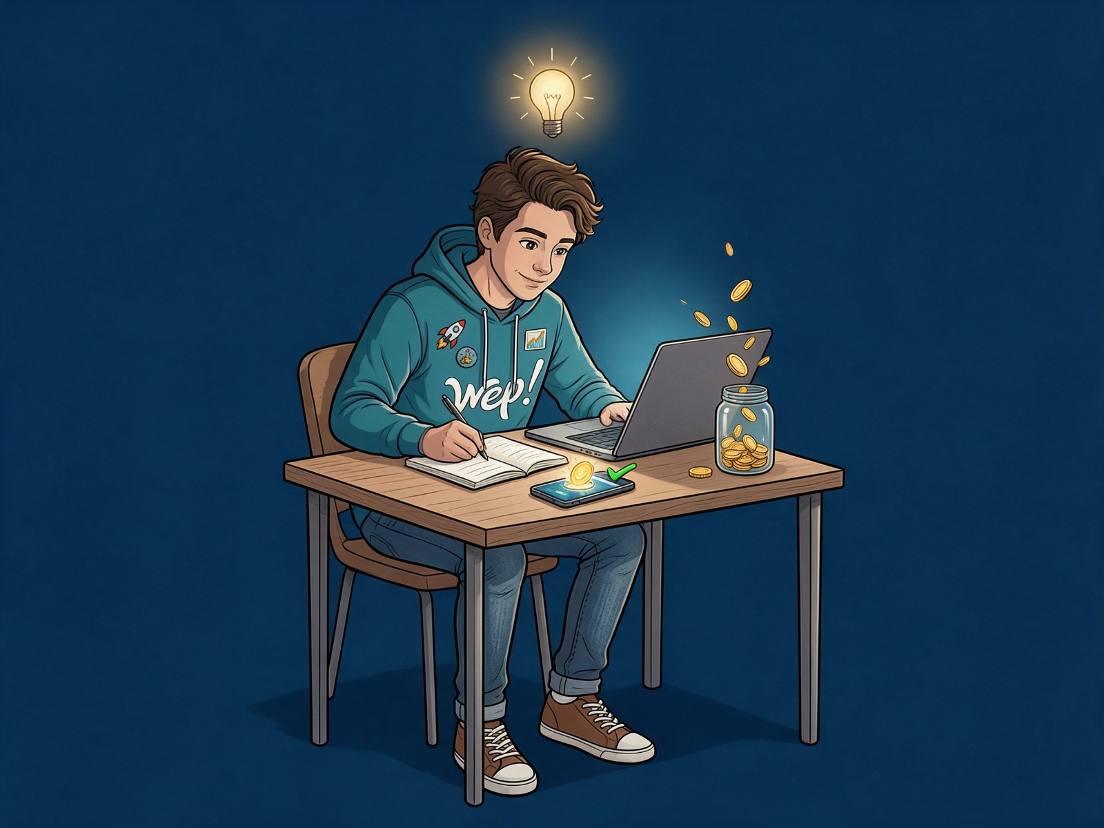 Léo, l'avatar Wep!, suit une leçon à son portable pendant que les ventes entrent sur son téléphone